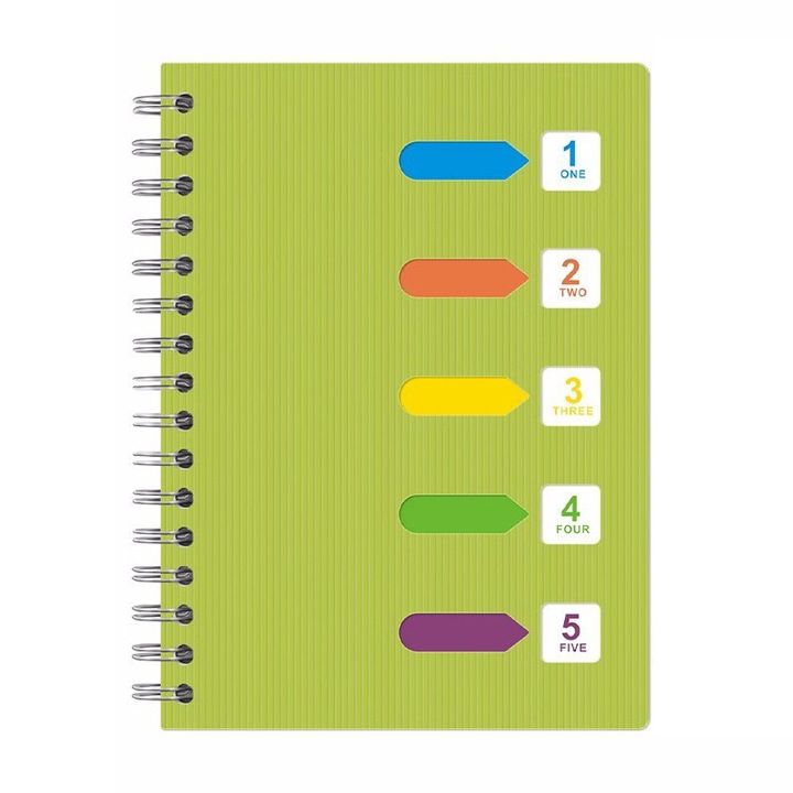 Caiet spiralat A5, 5 sectiuni, coperta tare, multicolor, 14.5x21cm