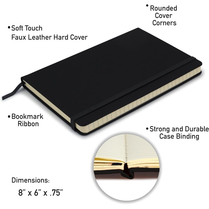 Carnet A5 cu coperta tare din piele ecologica, 192 pagini, negru