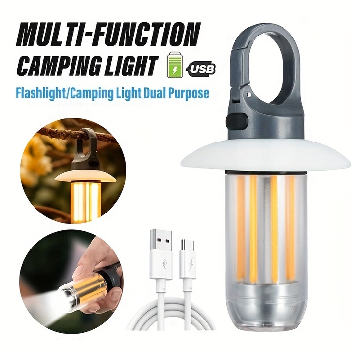 LED kempinglámpa, hordozható, 5 világítási mód, akasztóval, újratölthető, fehér