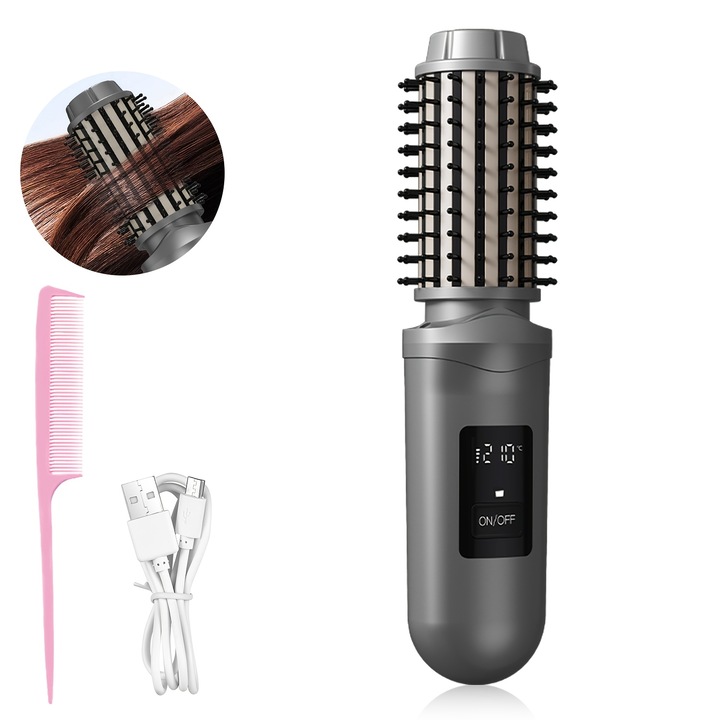 Perie de par electrica 2in1, fara fir, incarcabila, ecran LED, reglaj temperatura, negru