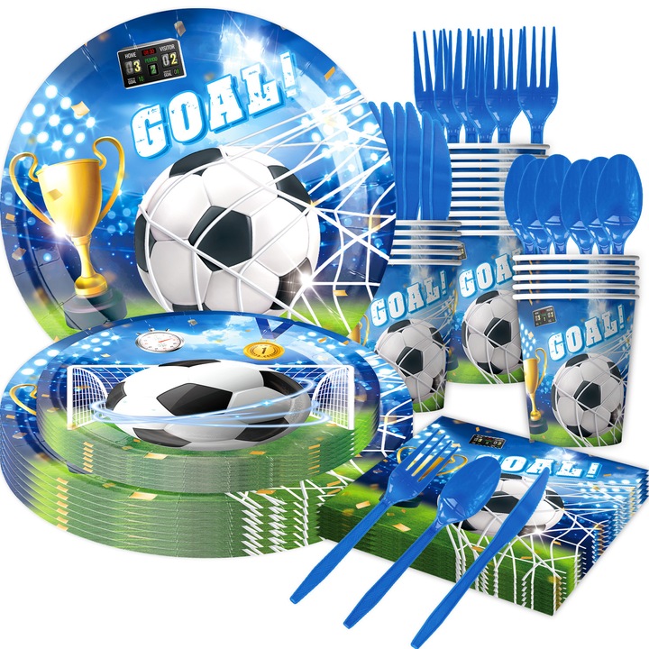 Set vesela petrecere tematica fotbal, farfurii 18x23cm, pahare, tacamuri albastre