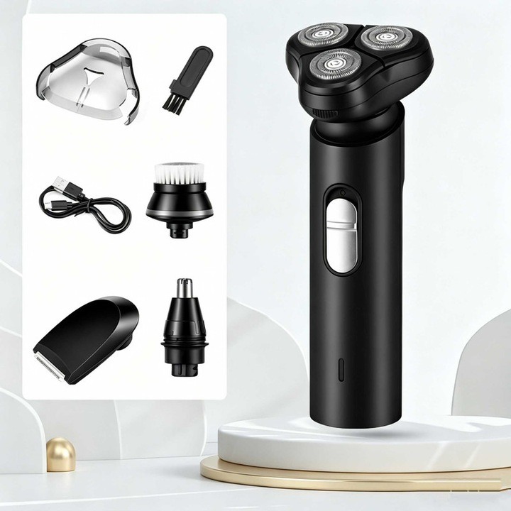 Aparat de ras electric multifunctional 4-in-1, 3 lame flotante, spalabil, reincarcabil USB, negru