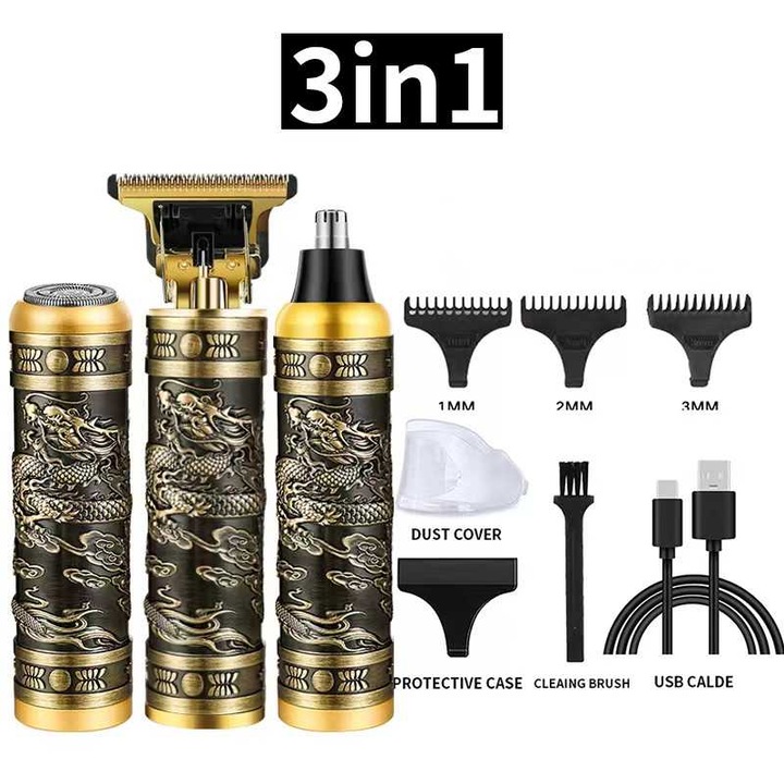 Kit barbierit 3 in 1, design dragon, motor puternic, incarcare USB, negru
