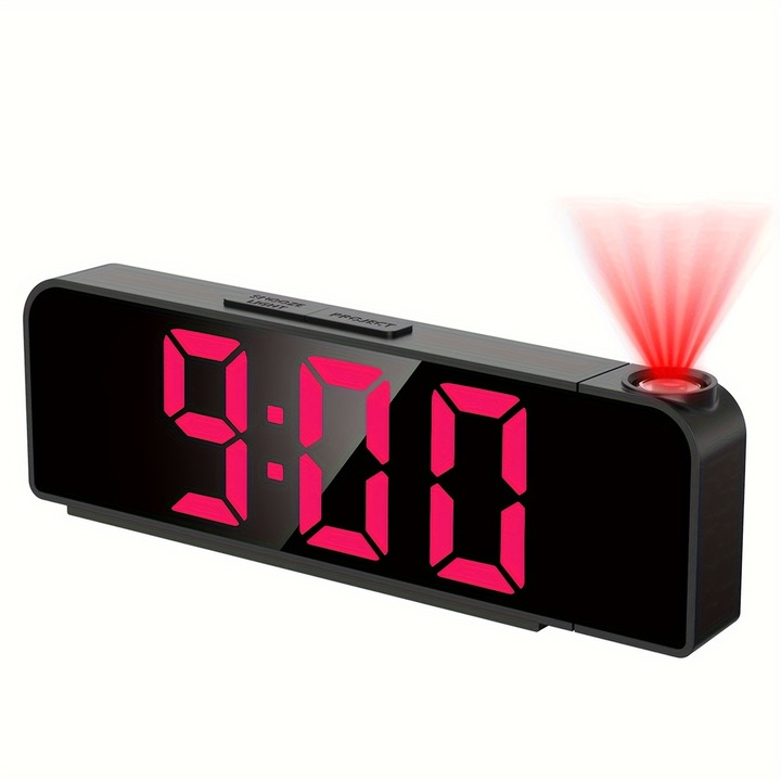 Ceas desteptator cu proiectie LED 20x20cm rotativ USB negru