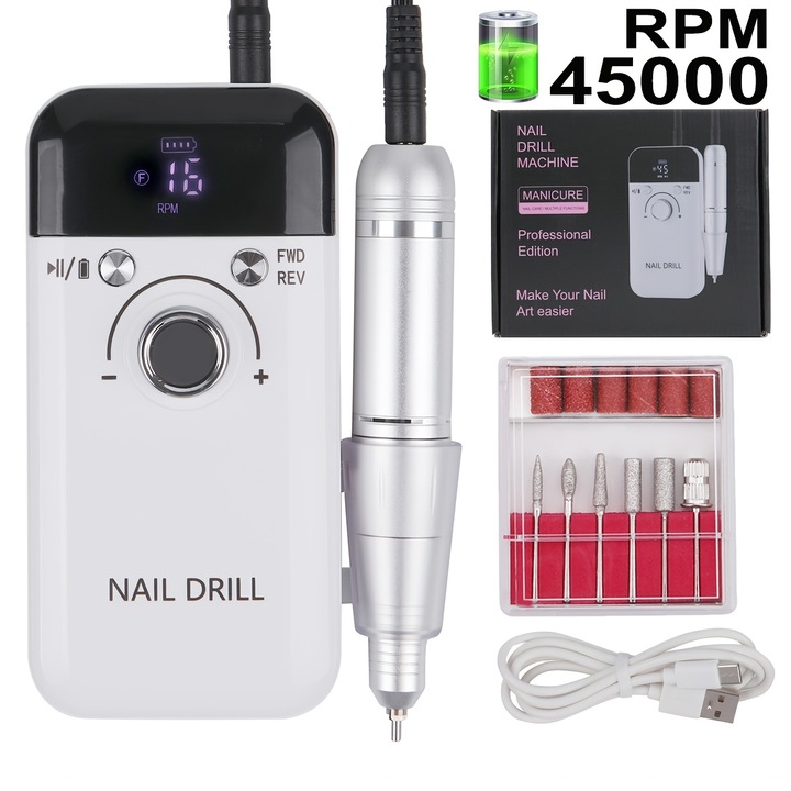 V6 hordozható elektromos körömcsiszoló, csendes, LCD, 0-45000rpm, 1200mAh, USB, 10h, műanyag, többszínű