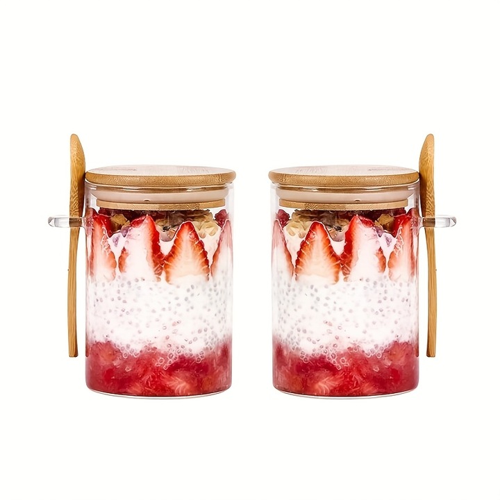 Set 2 boluri sticla cu capac si linguri, etans, rotund, 500ml