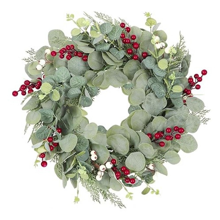 Corona artificiala eucalipt, 51cm, fructe rosii, decor interior-exterior