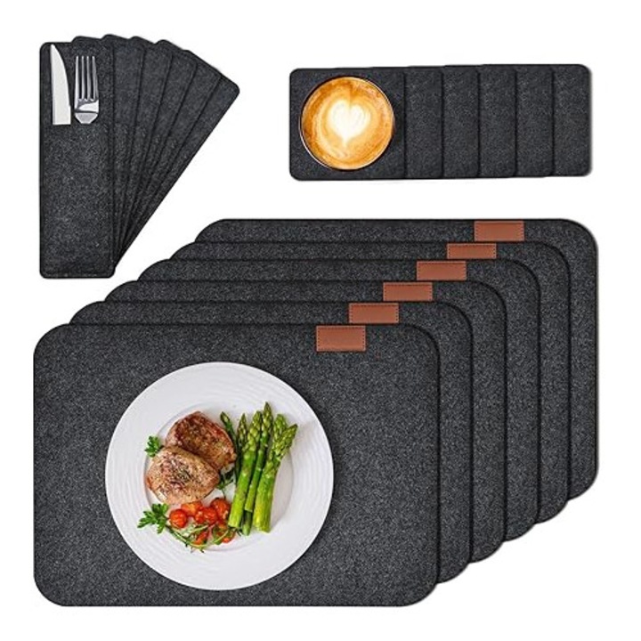 Set 18 piese suport farfurii, suport pahare si buzunare tacamuri, gri carbune, 30x30cm