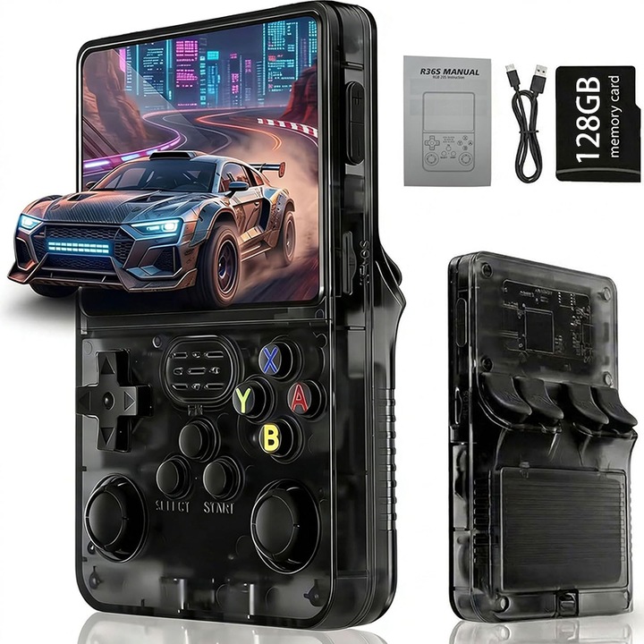 Consola portabila Omelivon R36S, 20.000 jocuri, ecran IPS 3.5 inch, negru transparent, 128GB, 1GB RAM, 3500mAh