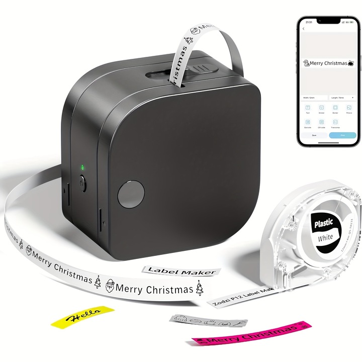 Mini hordozható termikus címkenyomtató, újratölthető, fekete-fehér, 12mm, USB