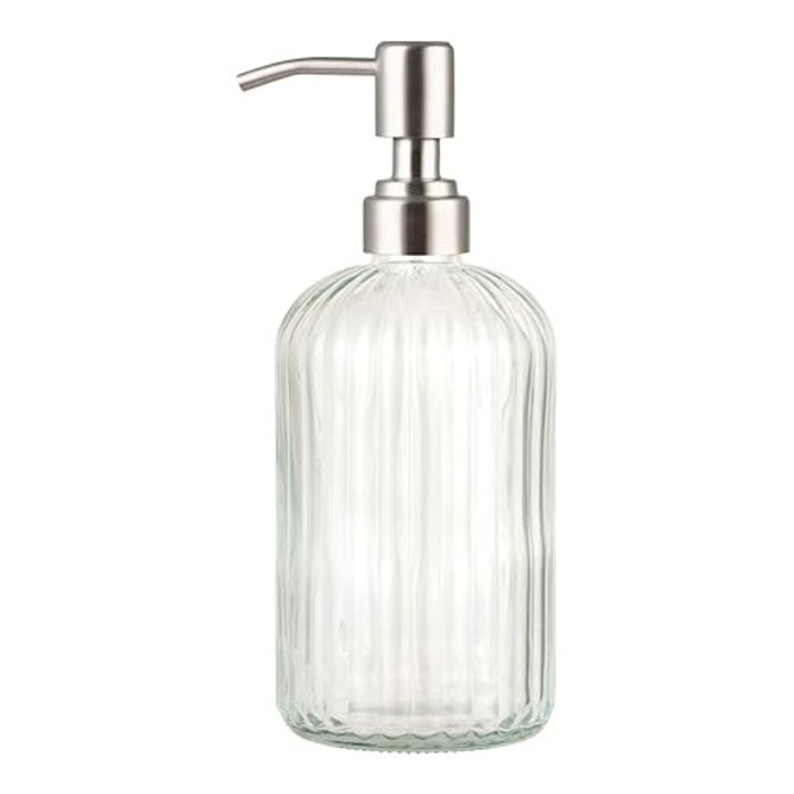 Átlátszó üveg folyékony szappan adagoló 414ml rozsdamentes acél pumpával, 35ml