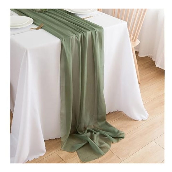 Sifon asztalterítő, 300x70 cm, zsályazöld, elegáns, sokoldalú