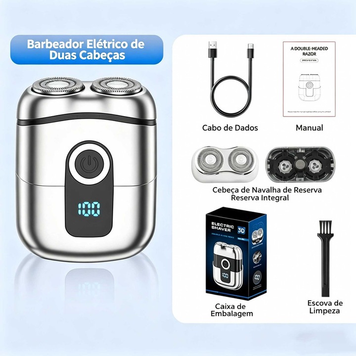 Aparat de ras electric portabil, dublu cap magnetic, afisaj digital, reincarcabil USB, negru