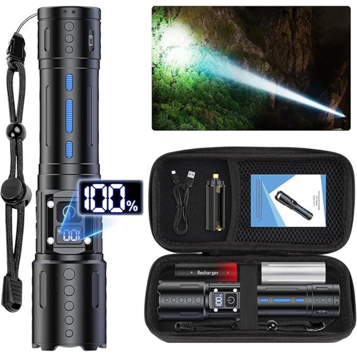 Újratölthető LED lámpa, fehér lézer, állítható zoom, 3000mAh, fekete, 15x4cm