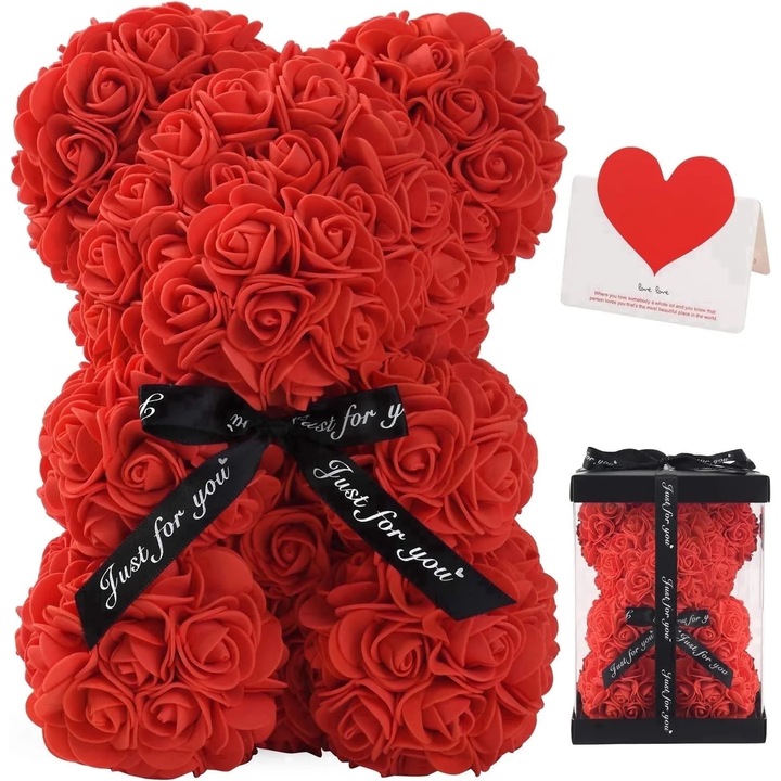 Ursulet decorativ cu trandafiri artificiali, cadou romantic, multicolor, 25x20x15cm, set cu cutie cadou