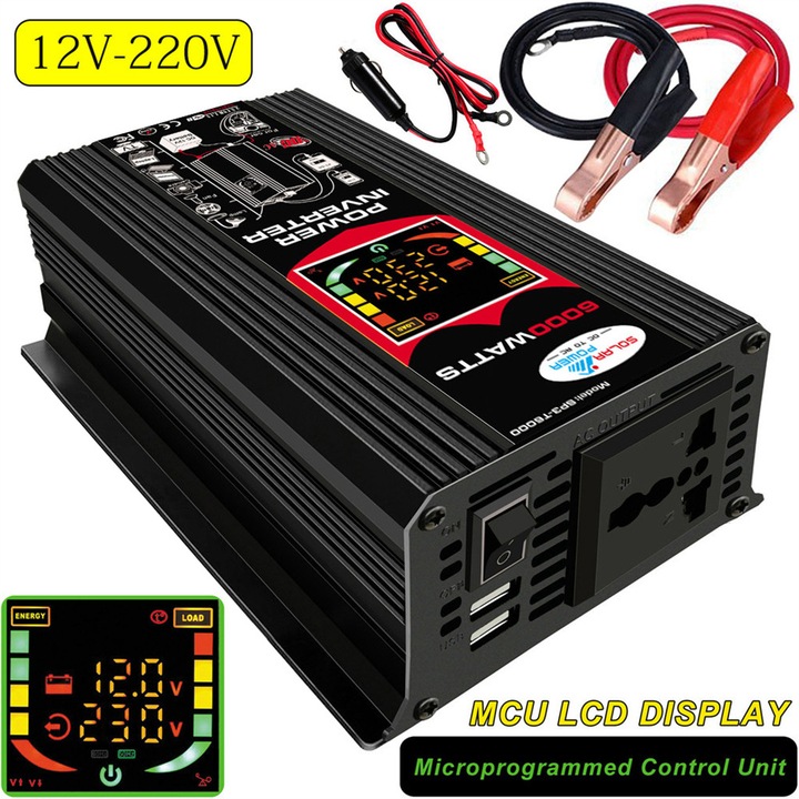 Инвертор за кола 6000W 12V-220V черен с LCD дисплей синусоида