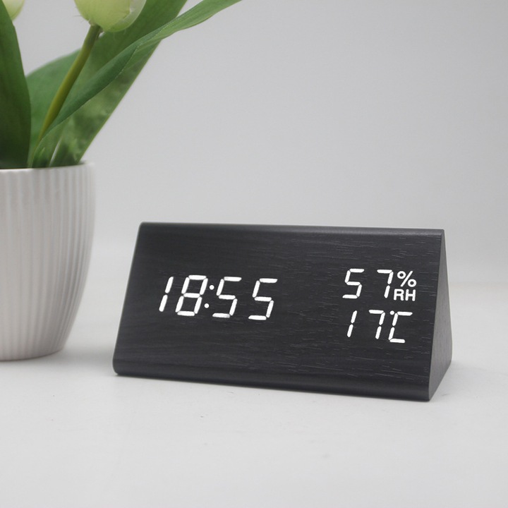 Ceas desteptator digital, design lemn L, temperatura si umiditate, copii, noapte