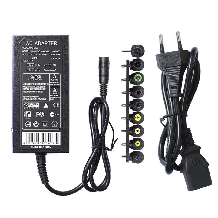 Univerzális állítható töltő 96W, 12-24V, fekete, 11x5x3cm, adapter készlet