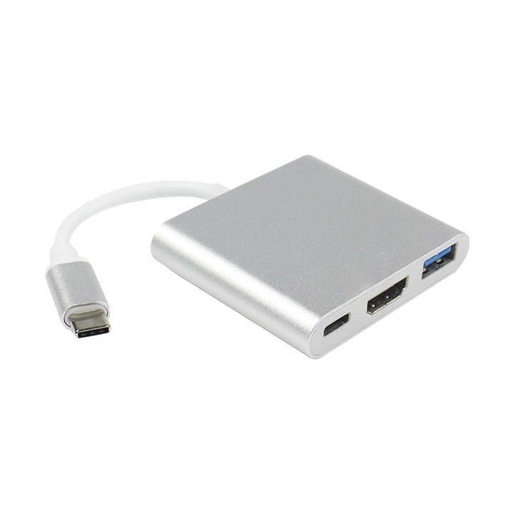Hub multiport USB 3.1 Type-C 3-in-1, HDMI, incarcator, alb
