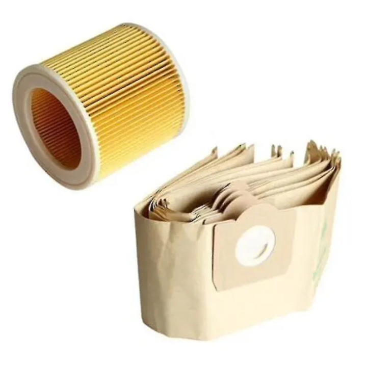 Set 5 saci de aspirator si 1 filtru compatibil Karcher WD3200/WD3300/WD3500, A2004/A2054/A2204/A2656, maro/galben, filtru 2 x 11.5 cm, saci 8 cm, FD-k0544-260828-519