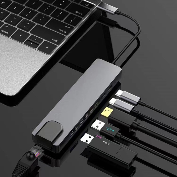 Докинг станция USB-C 6 в 1, HDMI 4K, USB 3.0, Ethernet 100 Mbps, 87W, черна