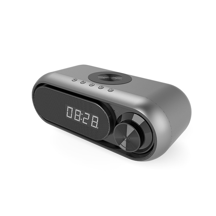 LED Bluetooth цифров часовник, многофункционален високоговорител, безжично зарядно устройство, FM радио, черен