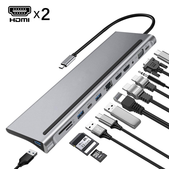Adaptor Hub USB Type-C, alimentare duala, transfer multi-USB, gri