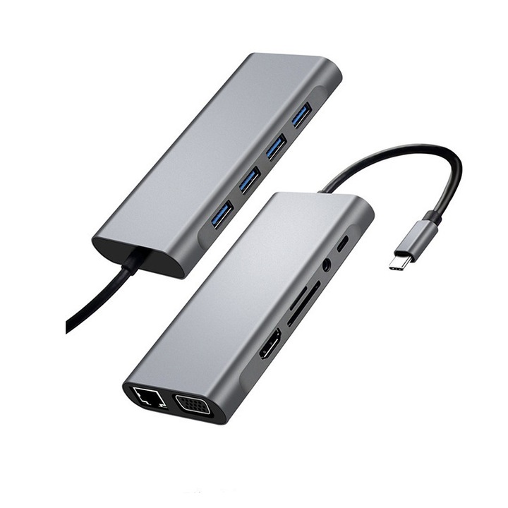 USB-C elosztó 11 az 1-ben, szürke, 4xUSB 3.0, 4K, VGA, Ethernet, RJ45, 3.5mm, PD