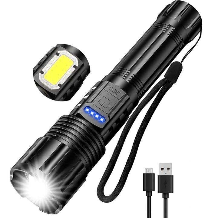 18650 akkumulátoros és USB kábeles lámpaszett, fehér, kompakt
