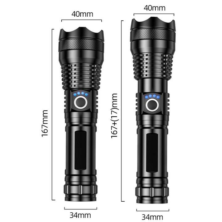 Újratölthető taktikai lámpa 2700 lumen fekete zoom 5 mód IPX5