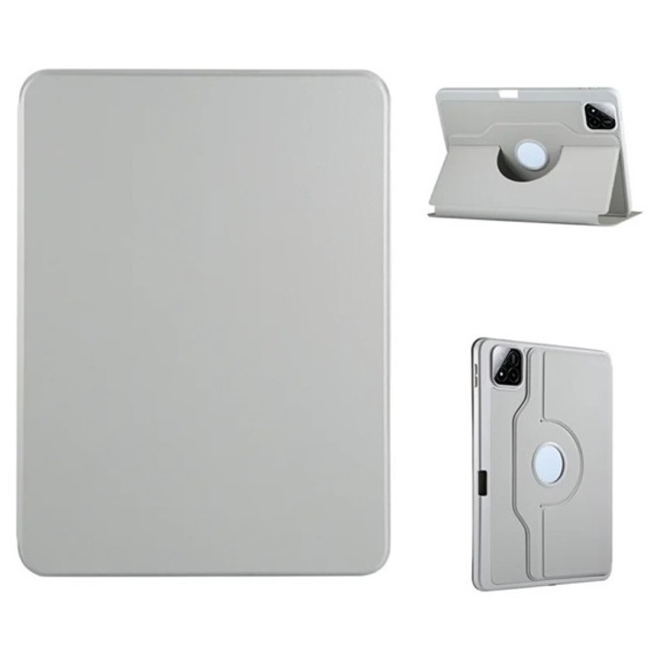 Gigapack tabletvédő álló, bőr hatású, flip, asztali tartó, 360°, ceruza tartó, világosszürke, kompatibilis: Xiaomi Pad 8 Pro / Pad 8 / Pad 7 Pro