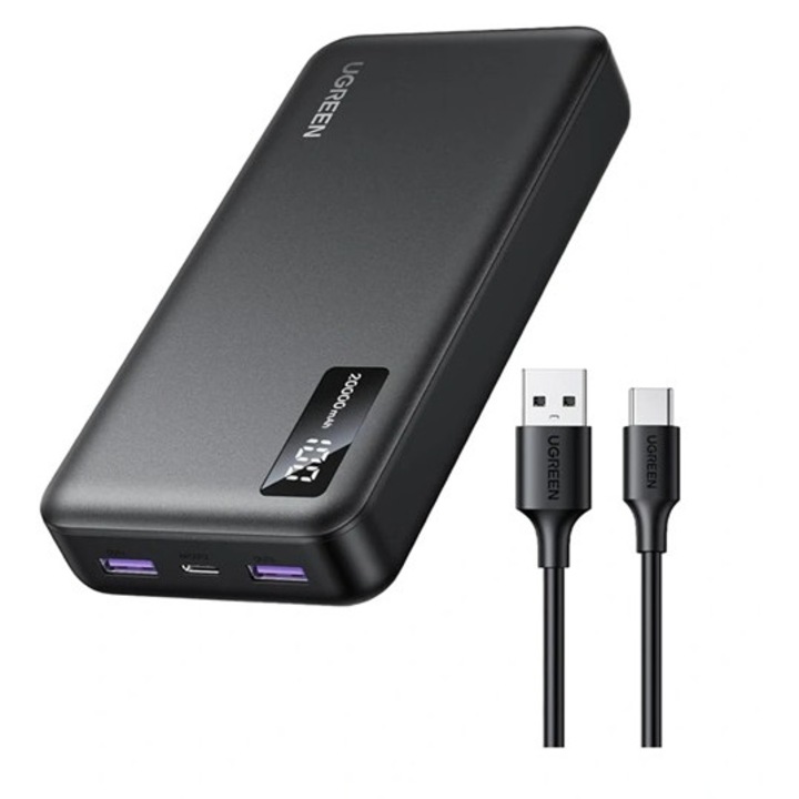 Ugreen pb312 vésztöltő 2 usb+type-c aljzat, 20000mah, 20w, gyorstöltő, led kijelző + type-c kábel, fekete