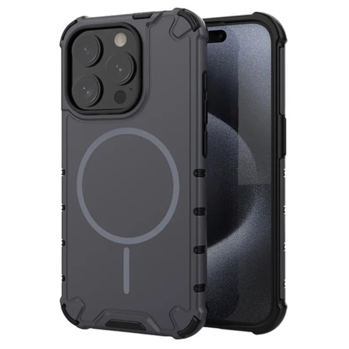 Gigapack defender műanyag mobiltelefon tok, ütésállóság, légpárnás sarok, matt, szilikon belső, magsafe, sötétszürke, kompatibilis: iPhone 15 Pro Max