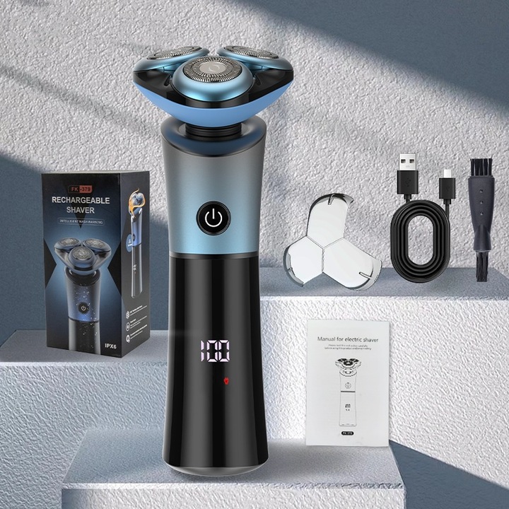Aparat de ras electric cu trei lame rotative magnetice, negru