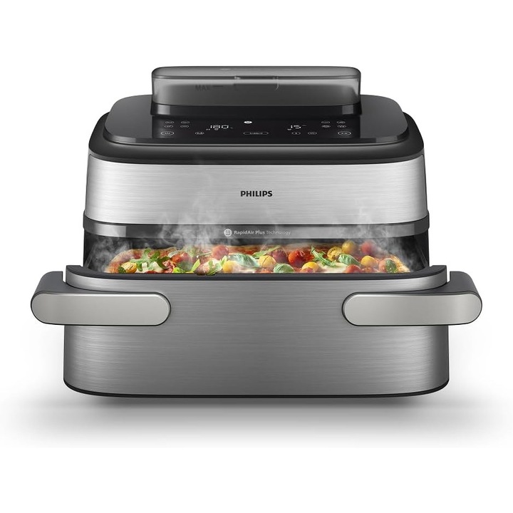 Friteuza cu Aer si Abur Philips 5000 Series Steam Airfryer Megabasket NA565/00, 9, 5 L, 2750 W, RapidAir Plus, SteamFry, SteamClean, Inox
