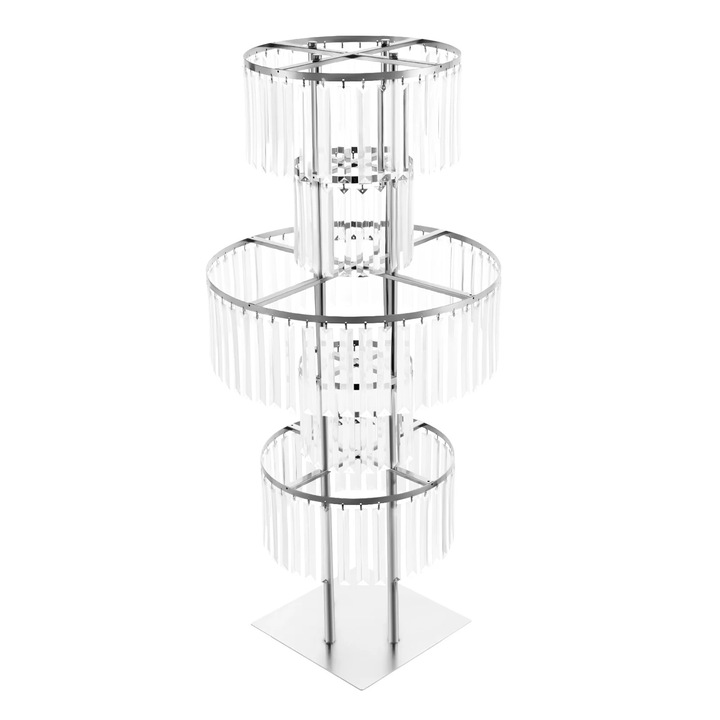 Esküvői virágtartó, 5 szintes akril állvány, 110 cm magas, 30 cm kerek alap, fém keret, ezüst
