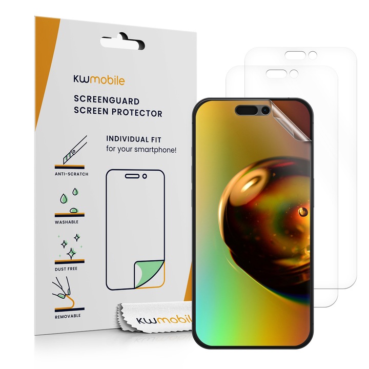 Set 3 folii protectie telefon Kwmobile pentru iPhone 16 Pro, iPhone 17, iPhone 17 Pro, fara bule, PET, transparente