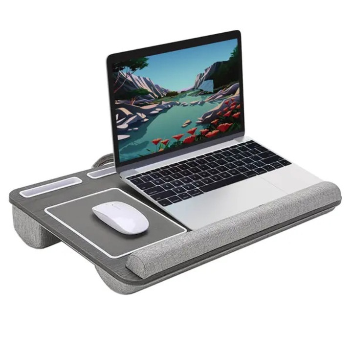 Ergonomikus laptop tartó, bal oldali, szürke, 15 hüvelykes, csuklótámasszal és telefon/tablet tartóval
