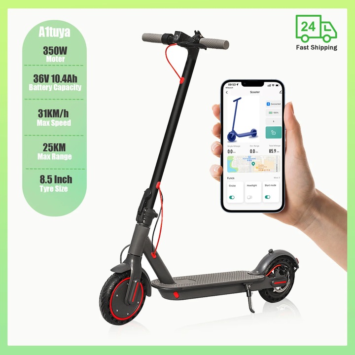 Elektromos roller, A1tuya, elektronikus + tárcsafék, 36V 10,4Ah, hatótáv 25 km, 31 km/h, tömör gumik 21,6 cm, összecsukható