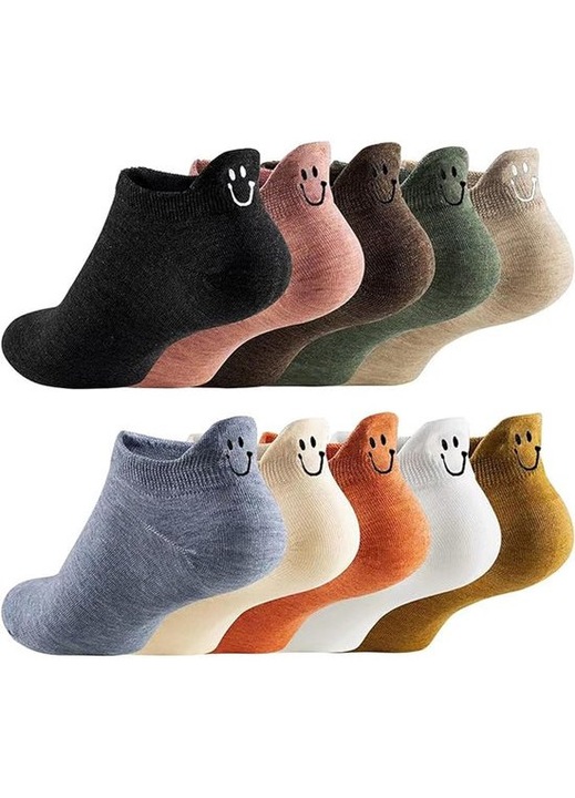 10 pár hímzett bokazokni – Egyszerű, kényelmes és rövid – Különböző színek – Smiley design – Könnyű és rövid – EU méretek 35–41