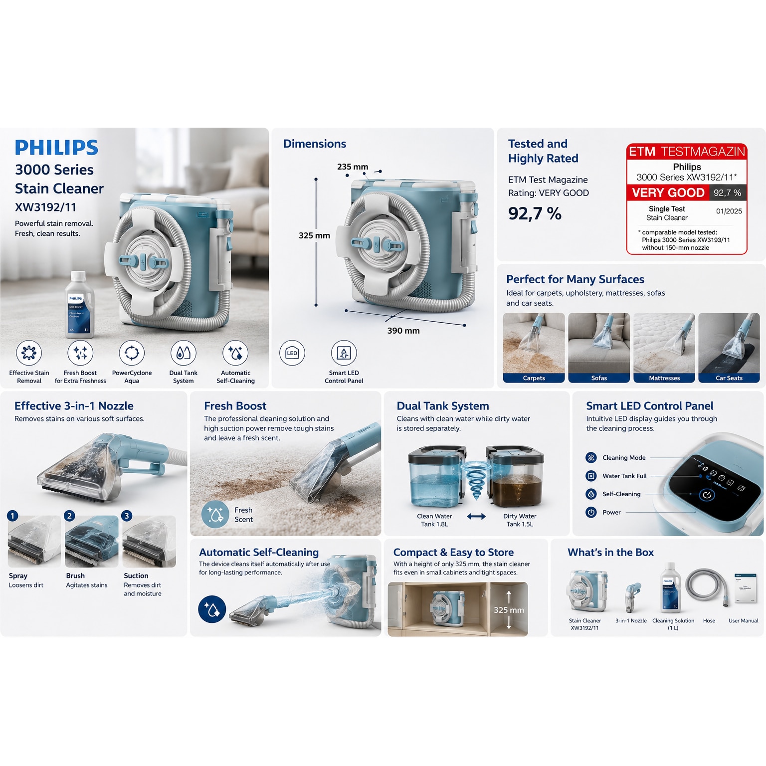 Aspirator pentru Curatarea Petelor Philips 3000 Series XW3192/11, Curatare Covoare si Tapiterie, Functie Fresh Boost, Curatare Automata, 2 Rezervoare