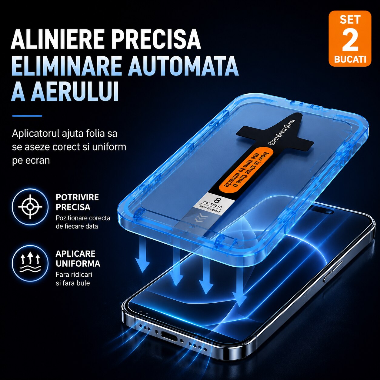 Set 2 Folii Protectie Ecran Sticla compatibile cu iPhone 17 Pro Max 6.9 inch, cu Aplicator Anti-Praf, 9H, Transparent