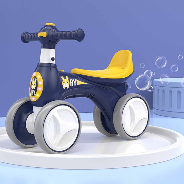 Bicicleta fara pedale copii 1 – 3 ani cu 4 roti, lumini, muzica si baloane de sapun / Bleumarin