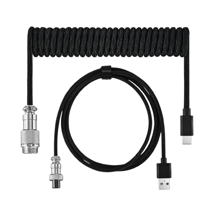 Lunniquee® Fonott Spirál Kábel 3m Gaming Billentyűzethez, C-típusú USB-A-hoz, Prémium Levehető Aviátor Csatlakozóval, Tartós és Kompatibilis Billentyűzetekkel és Tabletekkel, Fekete