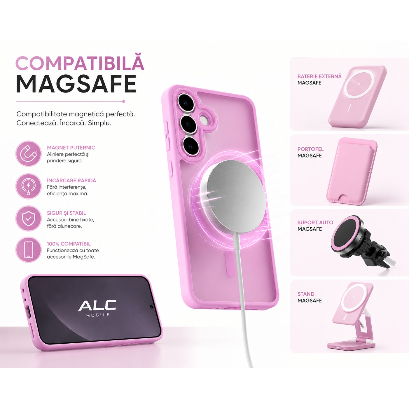 Husa Matte MagSafe pentru Samsung Galaxy S26, protectie completa, contur Roz
