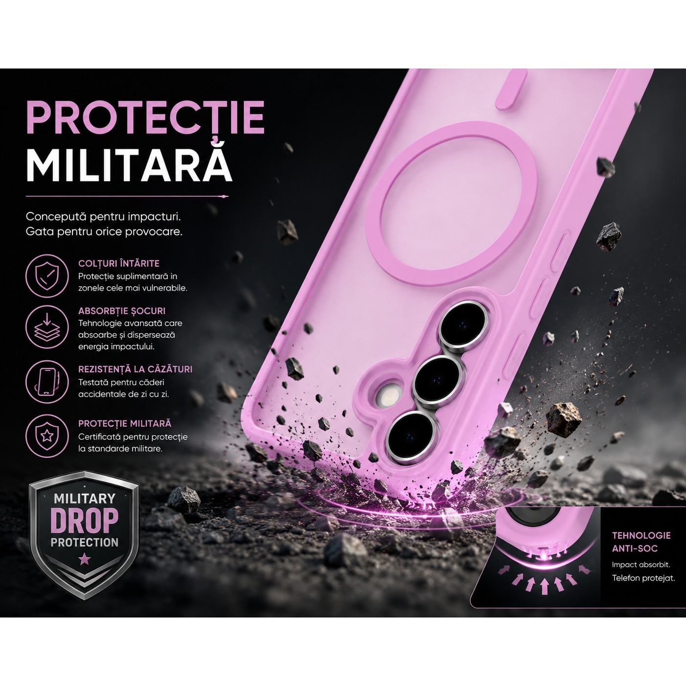 Husa Matte MagSafe pentru Samsung Galaxy S26, protectie completa, contur Roz