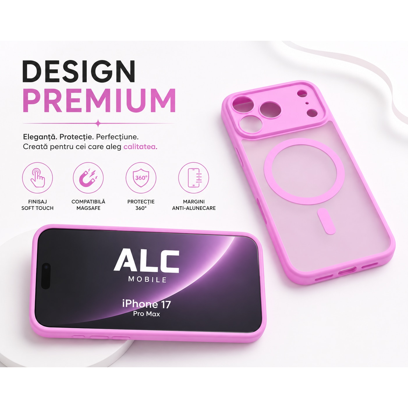 Husa Matte MagSafe pentru IPhone 17 Pro Max, protectie completa, contur Roz