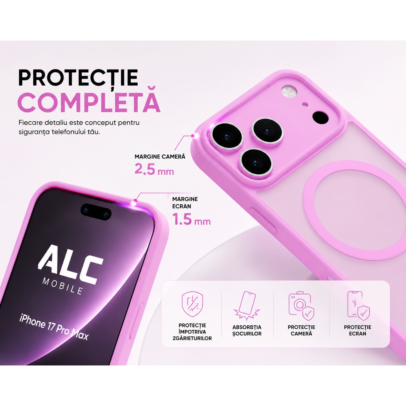 Husa Matte MagSafe pentru IPhone 17 Pro Max, protectie completa, contur Roz