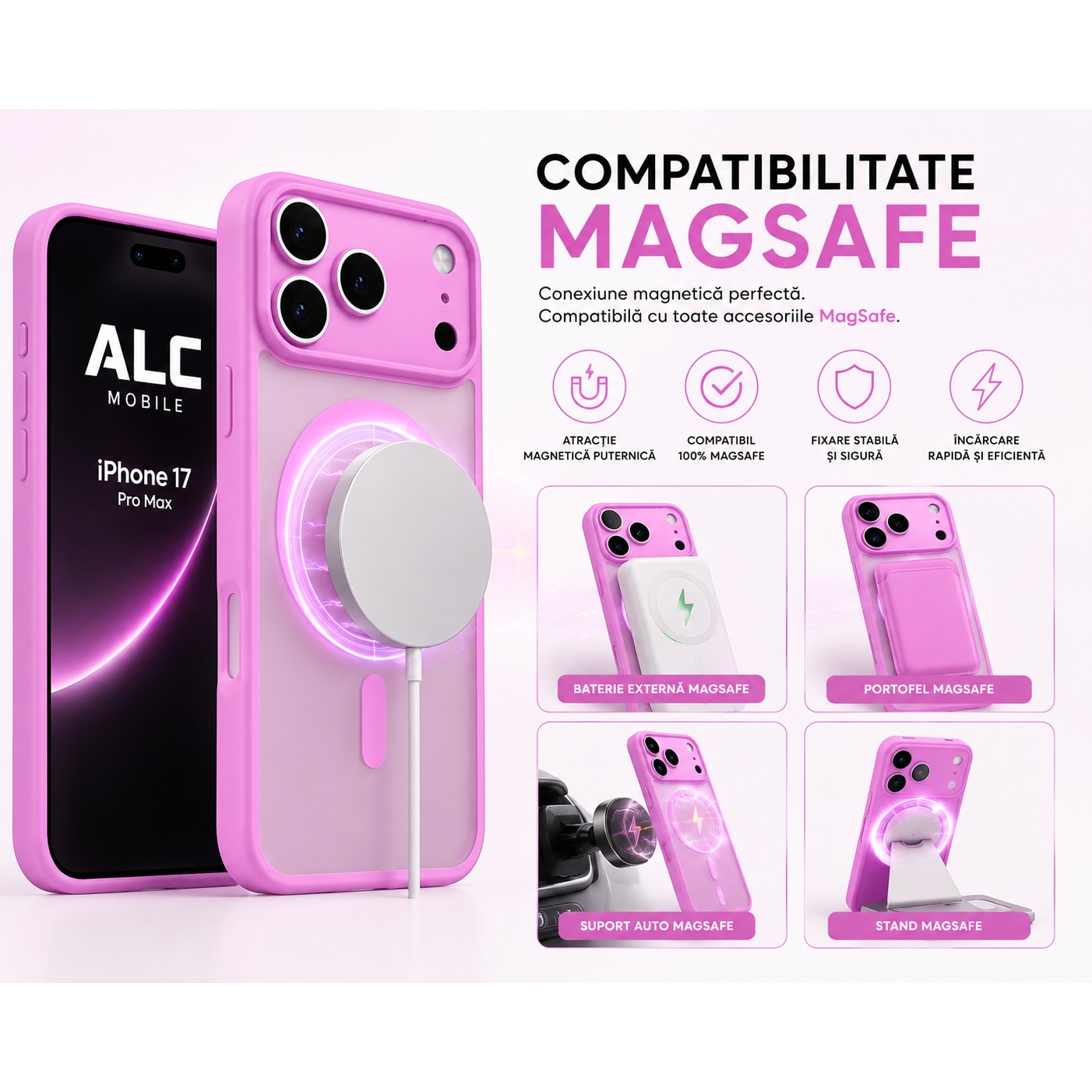 Husa Matte MagSafe pentru IPhone 17 Pro Max, protectie completa, contur Roz