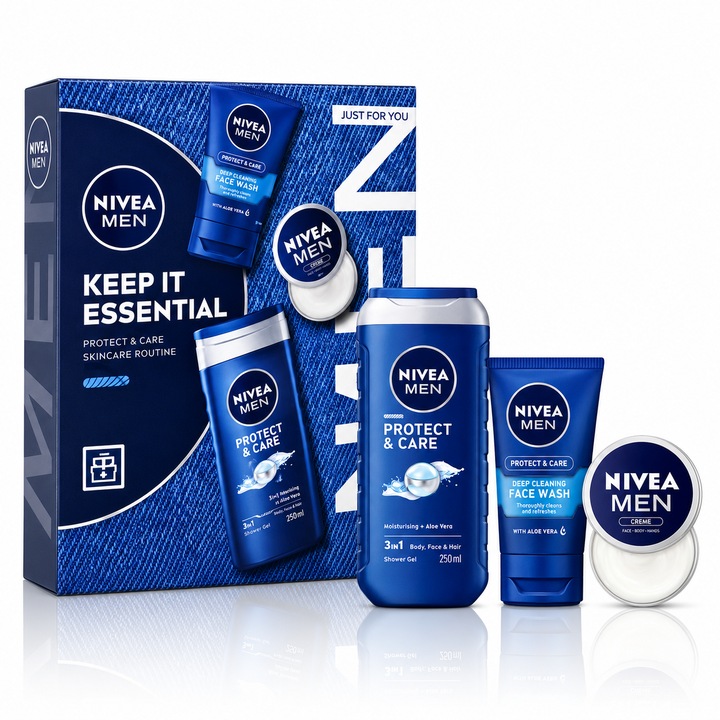 NIVEA MEN Keep It Essential ajándékszett – Tusfürdő 250 ml, Arclemosó gél 100 ml és NIVEA Men krém, 3 darab